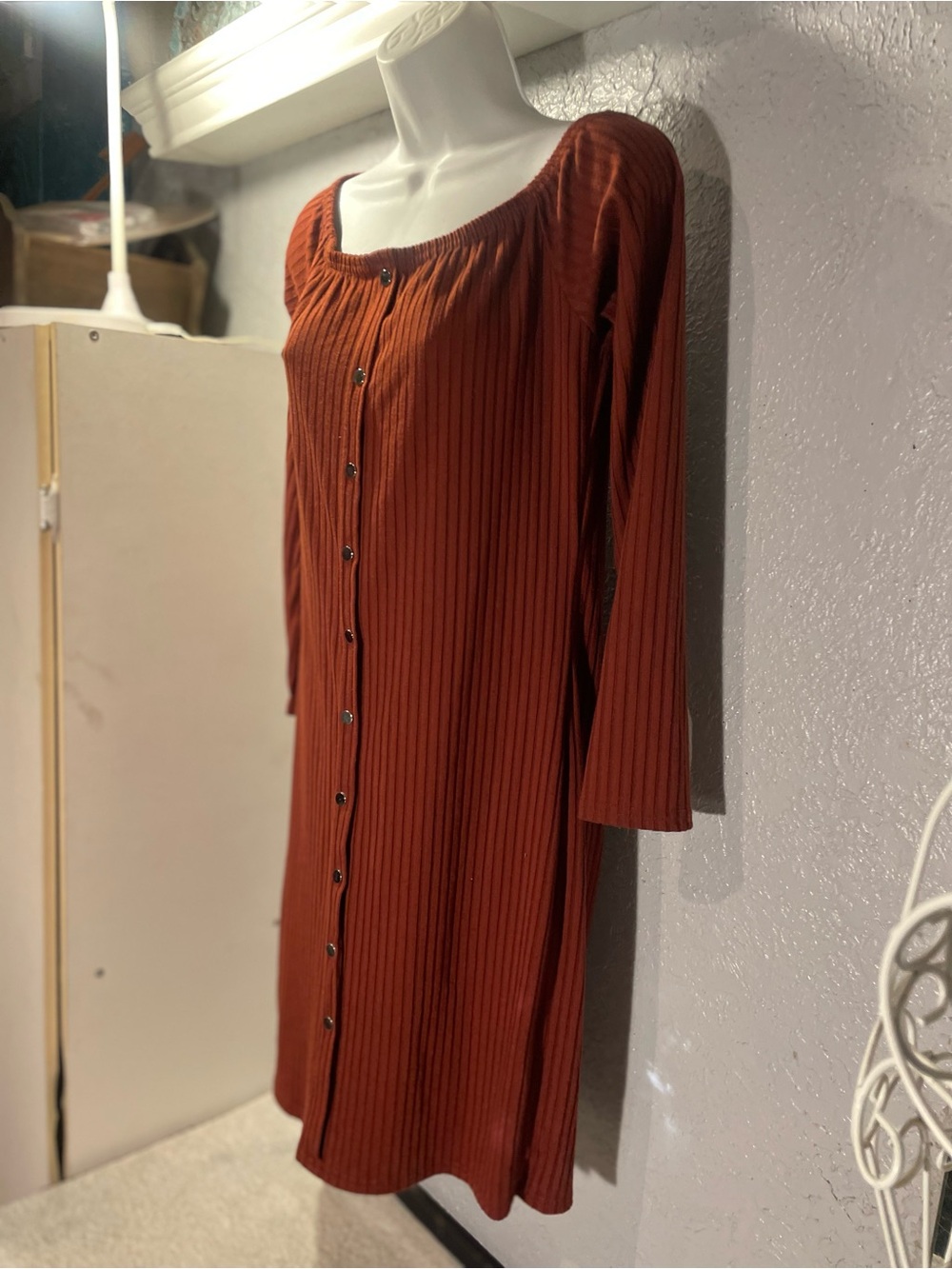 Button-Front Ribbed Long Sleeve Dress - Rust - Picture 3 of 7
